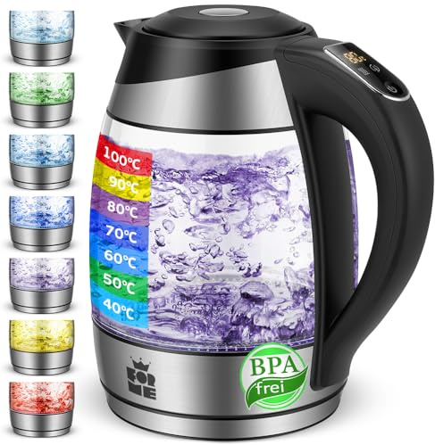 FOR ME Glas Elektrischer Wasserkocher 1,8L, Temperatureinstellung, Temperaturwahl 40°C bis 100°C, 7 Farben LED-Beleuchtung, Warmhaltefunktion, BPA-Frei