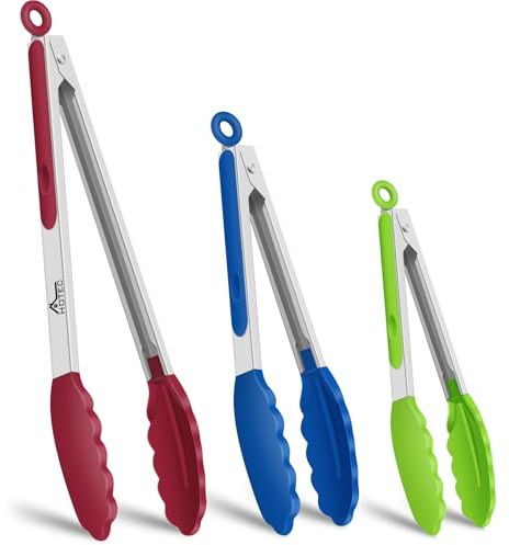 HOTEC Premium Edelstahl Zange mit Silikon spitzen, Küchenzange Grillzange set of 3–18cm, 23cm und 30.5 cm