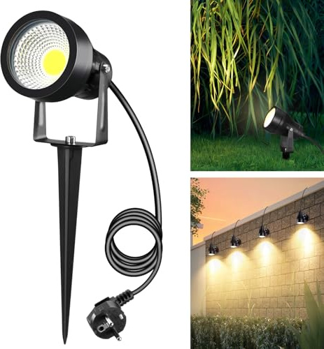 Letlit 7W 700LM Gartenbeleuchtung mit Strom Erdspieß, Superhell Große LED Gartenleuchte Warmweiß 3000K, IP65 Gartenstrahler Gartenlampen Außenlampe für Wand Außen Garten Terrasse Baum Wegen, 1 Stück