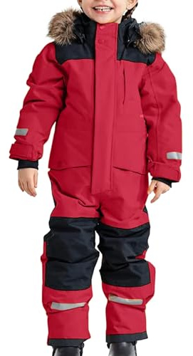 Schneeanzug Skianzug Kinder Softshellanzug,Unisex Kinder Skioverall mit Kapuze Schneeanzug Wasserdicht Atmungsaktiv Skianzüge Verdickt Warm Outdoor Regenoverall EinteiligerSchneeoverall Rot 120