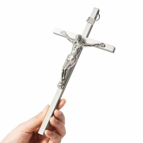 VINETEN Kruzifix-Wandkreuz aus silberfarbenem Metall, schlanke katholische | Kreuzwanddekoration für Ihr Zuhause, 20,3 cm