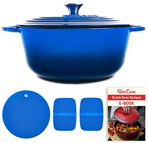 Uno Casa Blau Emaillierter Dutch Oven Gusseisen Topf - Dutch Oven 6 Liter Bräter mit Deckel, Langlebig, Natürliche Antihaft-Emaille-Beschichtung mit Silikongriffen und Untersatz