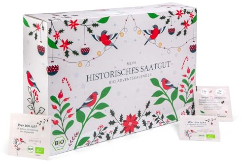 BIO Saatgut Adventskalender Historische Sorten, 24 x alte Gemüse und Kräuter Samen, Samen Set mit Saatgut Raritäten