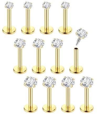 Chriscoco 16G 12Pcs Piercing Ohr Chirurgenstahl Tragus Helix Piercings | Labret Conch Piercing,Silber 14K Vergoldet,Nasenpiercing,Lippenpiercing Stecker,Hypoallergen,Stud 6/8mm für Frauen Männer