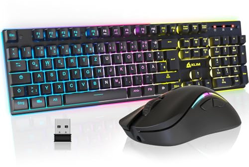 KLIM Thunder Wireless Gaming Keyboard und Maus Combo - New 2023 - Wireless Backlit Tastatur mit langlebigem integriertem Akku + 4800 DPI RGB Kabellose Gaming Mouse für PC