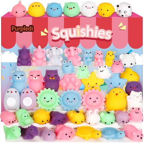 Purpledi 50 Stück Squishies Kawaii Soft Silikon Spielzeug Anti , Mini Soft Squeeze Stressabbau Squishies Anti Stress Spielzeug mit Verschiedenen Tiermotiven, Mitgebsel Kindergeburtstag Gastgeschenke