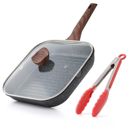 Kordisen Grillpfanne Induktion 24 cm mit Deckel – Grillpfanne mit Ausguss & Steakpfanne quadratisch, Granit Antihaftbeschichtung, für alle Herdarten, PFOA-frei