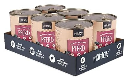 PRIMOX® Fleischmecker Hunde-Nassfutter | Getreidefrei | 70% Fleisch & Innereien | Made in Germany & 100% Natürlich | Omega-3 für Haut & Fell | Gluten- & Laktosefrei (Pferd, 6x800 g)