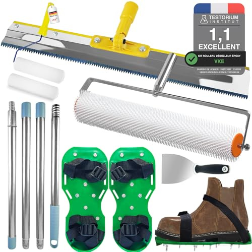 VKE Bodenbeschichtung Entlüftungswalze Set, Stachelwalze Ausgleichsmasse | Entlüftungsroller mit Stacheln, PP-Material Nagelschuhe, Edelstahl Stehrakel und Teleskopstange, Profi Qualität