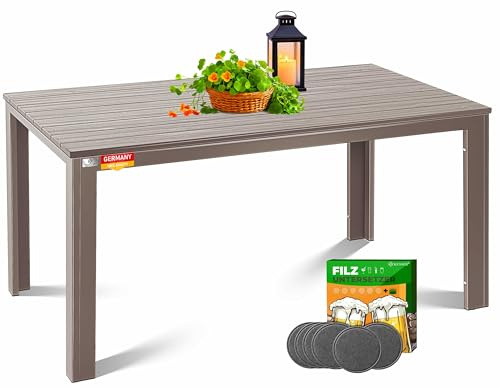 KESSER® Gartentisch 156x78cm für bis 6 Personen Esstisch Wetterfest & UV-Beständig | Outdoor Tisch mit pulverbeschichteter Stahl-Gestell & Kunststoff Tischplatte in Holz-Optik inkl. 6 Filz-Untersetzer