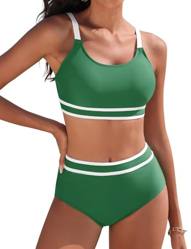 Yuson Girl Damen Bikini Set High Waist Zweiteiliger Badeanzug Push Up Bademode Bauchkontrolle Colour-Blocking Sport Bikini Damen Sexy Bikini-Sets für Damen Bauchkontrolle Swimsuit(Grün, M)