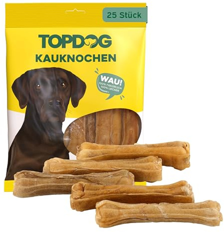 Topdog Kauknochen Hund 25 Stück 12 cm - Rinderhautknochen für Hunde aus 100% Rind - Hundekauknochen - Pflegt die Zähne und unterstützt den natürlichen Kautrieb Ihres Hundes