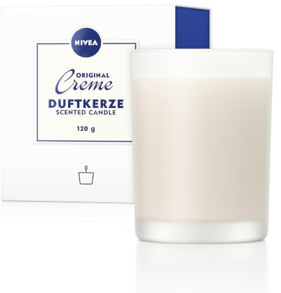 NIVEA Original Creme Duftkerze (120g), schöne Duftkerze im Glas mit der bekannten NIVEA Creme-Note, zart duftende Kerze im Milchglas-Behälter