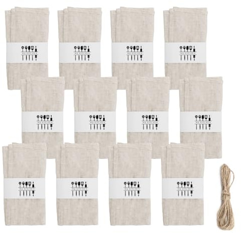 RANJIMA 12 Stück Leinenservietten Wiederverwendbar 40x40cm, 100% Natur Leinen Stoffservietten, Waschbar & Bügelbar, für Hochzeit, Party, Tischdekoration & Alltag (Beige)