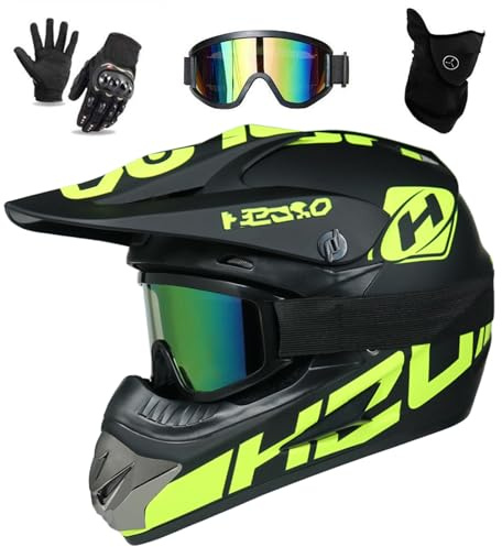 UIGJIOG Downhill Motorradhelm Kinder, Helm Set Herren ATV Motorradhelm D.O.T Zertifizierter Helm Mit Brille Handschuhe, Integralhelm MTB Inklusive 4 Größen Helmfutter,C