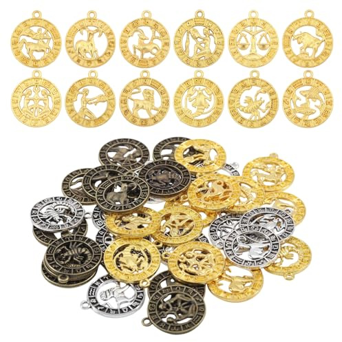 CHGCRAFT 6 Sätze Zwölf Konstellation Sternzeichen Charms tibetischen Stil Legierung Anhänger für DIY Armband Halskette Schmuck machen, Gemischte Farbe, 1x0,8x0,1 Zoll