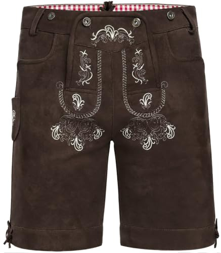 AMZHOTER Tracht Oktoberfest Trachtenhose Kurz Mann Braun bayrische Trachten Hose Trachtenmode mit Hosenträger Dunkelbraun 54