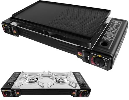 2-in-1 Camping Gasgrill Set Gaskocher 2-flammig mit Grillplatte, Automatischen Piezozündung, Campingkocher für Butan oder Gas 2500W