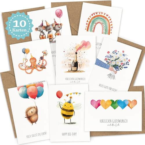 Geburtstagskarten Set mit 10x Klappkarten inkl. Umschlag & Sticker - Glückwunschkarten Geburtstag, Happy Birthday Karte - Grußkarten - Geburtstagskarte Frau, Geburtstagskarte Mann, Jubiläum