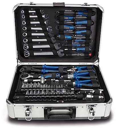 Scheppach TB150 Aluminium Werkzeugkoffer gefüllt 101-tlg Werkzeug Set | Werkstattkoffer mit Schraubenschlüssel, Hammer, Zange, Schraubendreher und gängigen Werkzeugen, Ideal für Werkstatt & Haushalt