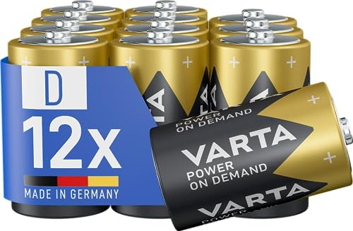 VARTA Batterien D, 12 Stück Vorratspack, Power on Demand, Alkaline, 1,5 V | Monozellen LR20, Made in Germany, bis 10 Jahre lagerfähig, für Computerzubehör, Smart-Home-Geräte oder Fernbedienung