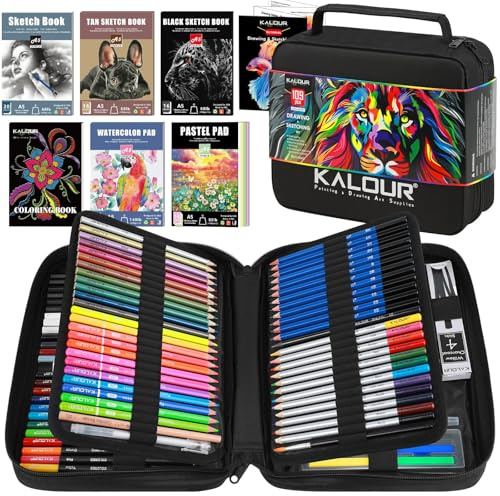 KALOUR PDAS 109 Zeichen Set Skizzenset, Pro Kunstbedarf mit Neon-, Farbstiften, Aquarell-, Metallic-, Graphit- und Kohlepenseln, 6 Skizzenbüchern und Malbuch, Geschenk für Erwachsene, Teenager