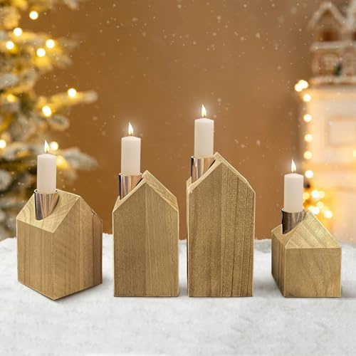 Adventskranz Modern Deko- Adventskranz Holz, Weihnachtsdeko Tisch, Hausform Advent Kerzenhalter Weihnachten mit 4 Aluminium Haltern für Wohnzimmer Tisch Adventsdeko