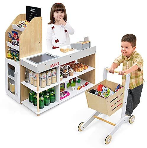 GOPLUS Kaufladen mit Einkaufswagen, Supermarkt Holz, Kaufmannsladen mit Tafel & Registrierkasse, inkl. Scanner & Kartenlesegerät & Kreditkarte & Münzen, Rollenspiele für Kinder ab 3 Jahren