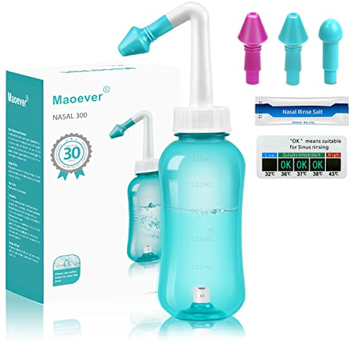 Nasendusche Set, Nasenspülkanne zur Nasenreinigung und Nasenspülung，BPA-frei, 300 ml, mit 30 Nasenwasch-Salzpaketen und Aufkleberthermometer(Grün)