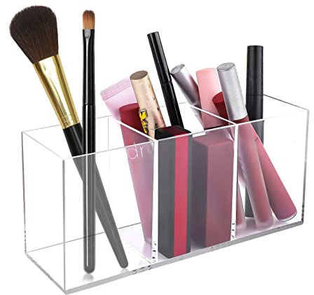 Acrylic Pinselhalter, 3 Fächer Make Up Organizer, Schminktisch Organizer | Klarer Acryl Pinselhalter mit 3 Fächern für Pinsel, Makeup.Stilvoll,platzsparend & übersichtlich,perfekt für Schminktisch,Bad