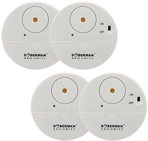 WOWSEA Ultra-Dünner Fensteralarm Glasbruchalarm Mini-Alarmanlage Aufkleber Alarmanlage mit Erschütterungssensor, Security Alarmsirene bis 100dB, 50m Reichweite Batteriebetrieb (4er Set, Weiss)