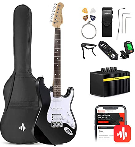 Donner E-Gitarre Set e Gitarren, S-S-H Pickups, 39 Zoll Volle Größe mit Verstärker, Tasche, Capo, Gurt, Saiten, Tuner, Kabel und Plektren (Schwarz)