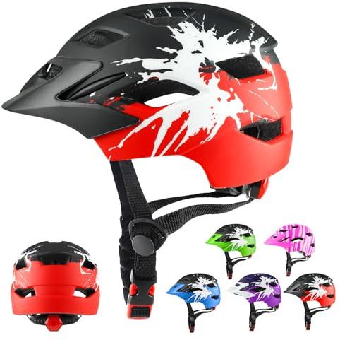 RaMokey Fahrradhelm Kinder, Fahrradhelm mit Licht für Kinder Leichter Kinderhelm mit Verstellbares Zifferblatt für Mädchen und Jungs 50-56CM (ab 5-14Jahre) (Schwarz+Rot)