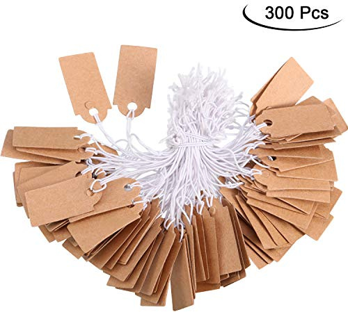 Markierung Etiketten Preis Schilder Beschreibbare Blanko Preis- und Display-Schilder mit Elastischer Aufhänge-Schnur, Kraft (300 Packungen, 1.02 x 0.47 Zoll)