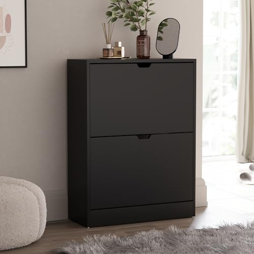 Vida Designs Schuhschrank mit 2 Schubladen, platzsparender Schuhschrank mit 2 Klappschubladen, für Flur und Wohnzimmer, 100% FSC-Zertifiziert (schwarz)
