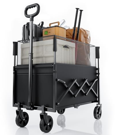 RYGEO Faltbarer Wagen mit Rädern, zusammenklappbarer Wagen mit verstellbarem Griff, 120L und 550LB große Kapazität, für Einkaufen, Camping, Garten, Strand und Outdoor-Sport (schwarz)