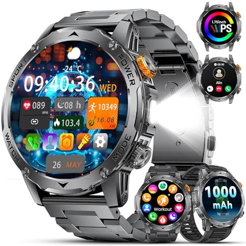 Smartwatch Herren Militär-1000mAh Akku/1.75'' HD Große Display,Smartwatch mit Taschenlampe/Bluetooth Anrufe/130+ Sportmodi,IP68 Wasserdicht Fitnessuhr mit Herzfrequenz/Schlafmonitor,für Android iOS