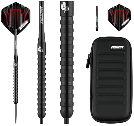 Champify NEU 90% Tungsten Darts Set “Blackbird” mit 23g Barrel und schwarzer Darttasche | 3 Steeldarts mit 9 Alu-Schäften & 9 Flights| Dart Set mit Zubehör | Dartpfeile mit Metallspitze