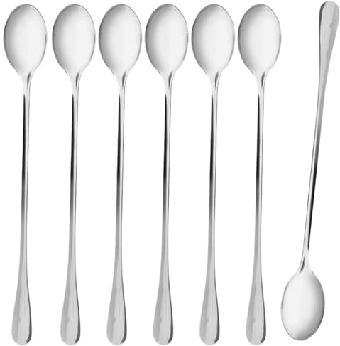 NEPTUUN Hochwertige Latte Macchiato Löffel 6+1 gratis Set, 22,8 cm, lange Löffel, Longdrinklöffel aus Edelstahl, Cocktaillöffel, Dessertlöffel, Eislöffel,Eiskaffee Hochglanzpoliert (Silber)