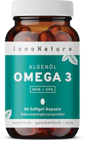 InnoNature Vegane Omega 3 Kapseln Pflanzlich natürlich aus der Mikroalge Schizochytrium, hochdosiertes Premium Algenöl 1.980 mg mit DHA + EPA, 90 Softgel Kapseln | vegan