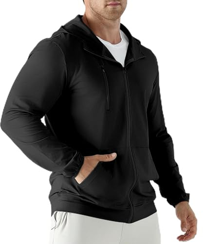 Jupmov Laufjacke Herren Leichte Stretch Gym Trainingsjacke | Sportjacke mit Reißverschlusstaschen, Schnelltrocknend Dünne Running Jacket, Windbreaker Hoodie mit Kapuze für Workout