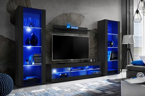 Komodee Wohnwand TV Tivoli Grande A1 Schwarz/Schwarz 250x159x35 cm | Wohnwand Tivoli Grande, Schwarz/Schwarz, Breite 250cm x Höhe 159cm x Tiefe 35cm, LED Blau , für Wohnzimmer