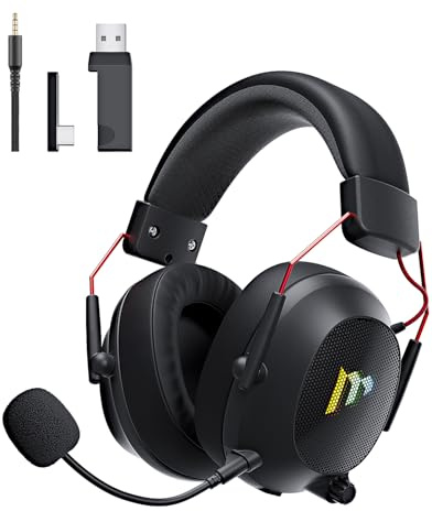 Mytrix Tac Master 2,4 GHz kabelloses Gaming-Headset mit Mikrofon mit Geräuschunterdrückung für PC, PS4, PS5, Mac, Bluetooth 5.3 Gaming-Kopfhörer mit RGB-Licht, Surround-Sound, 48-Stunden-Akku Schwarz