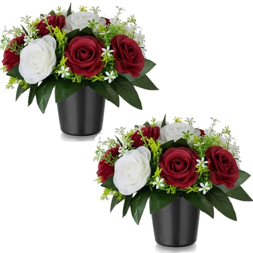 BLOSMON Künstliche Blumen im Topf für Grabschmuck: 2 Stücke Rote Kunstblumen Künstlich Rosen Grabgestecke mit Vase für Grab Friedhof Deko Grabgesteck Blumenstrauß mit Grabvase für Grabstein Grabdeko