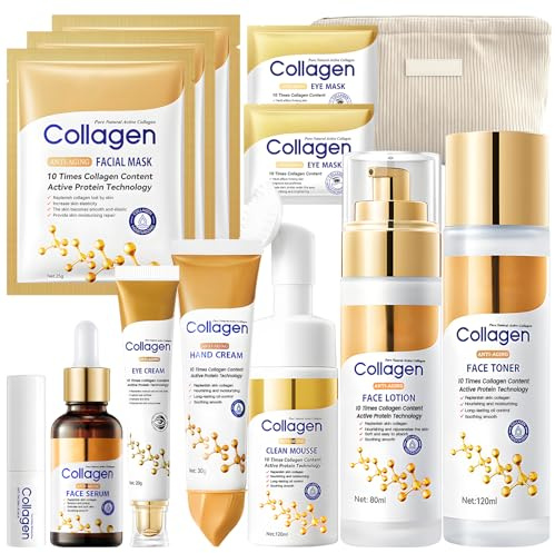 Gesichtspflege Set Damen, 13Stück Skin Care Set mit Collagen, Skincare Set | Enthält Gesichtsreiniger, Face Toner, Face Lotion, Collagen Serum, Augencreme, Kollagen Maske, Augen pads, Handcreme, Lipbalm