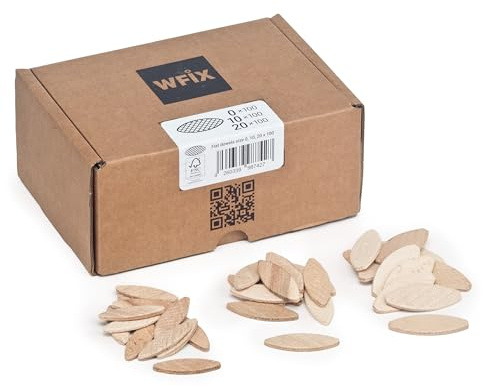 WFix Flachdübel Sortiment 0 10 20 je 100 Stück, Buche massiv, FSC, für 4 mm Nut, passend für Lamellofräse und Flachdübelfräse, sortiert im Karton, präzise Holzverbindungen für Möbelbau