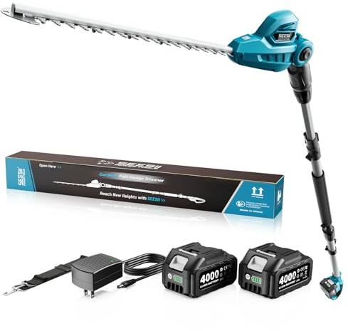 SEESII Teleskop Heckenschere Akku 2,6 m, Heckenschere Elektrisch mit 40 cm Doppelklinge, 2 * 4,0Ah Batterien, 135° drehbarer Schneidkopf, Ideal für Hohe Hecken und Dichte Sträucher im Garten
