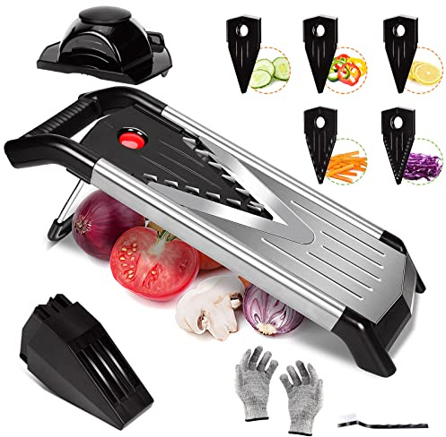 Eukue Gemüsehobel 5-in-1, Mandoline Gemüseschneider Edelstahl, V-hobel mit Kurbel und 5 Edelstahl Wechselklingen, Manueller Trommelreibe Gemüseschneider Küche Reibe für Salat, Nüsse, Obst, Pizza