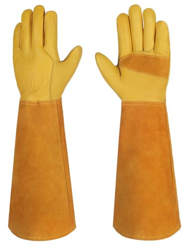 Velway Garten Lederhandschuh für Damen und Herren - Rindsleder Dornensicher Lange Gartenhandschuhe mit Unterarmschutz zum Beschneiden von Rosen Kaktus Arbeitshandschuhe - Größe 9/L Gelb