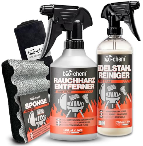 bio-chem Grillreiniger Set 4-teilig für Gasgrill & Edelstahl | Mit Rauchharzentferner, Edelstahlreiniger, Schwamm und Mikrofasertuch | gegen hartnäckige Ablagerungen